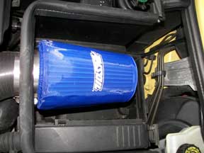 Cold Air induction filter installed in Mini Cooper with preFilter cover.