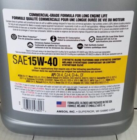 commercial grade 15W-40. Tough diesel more than 50% synthetic motor oil.